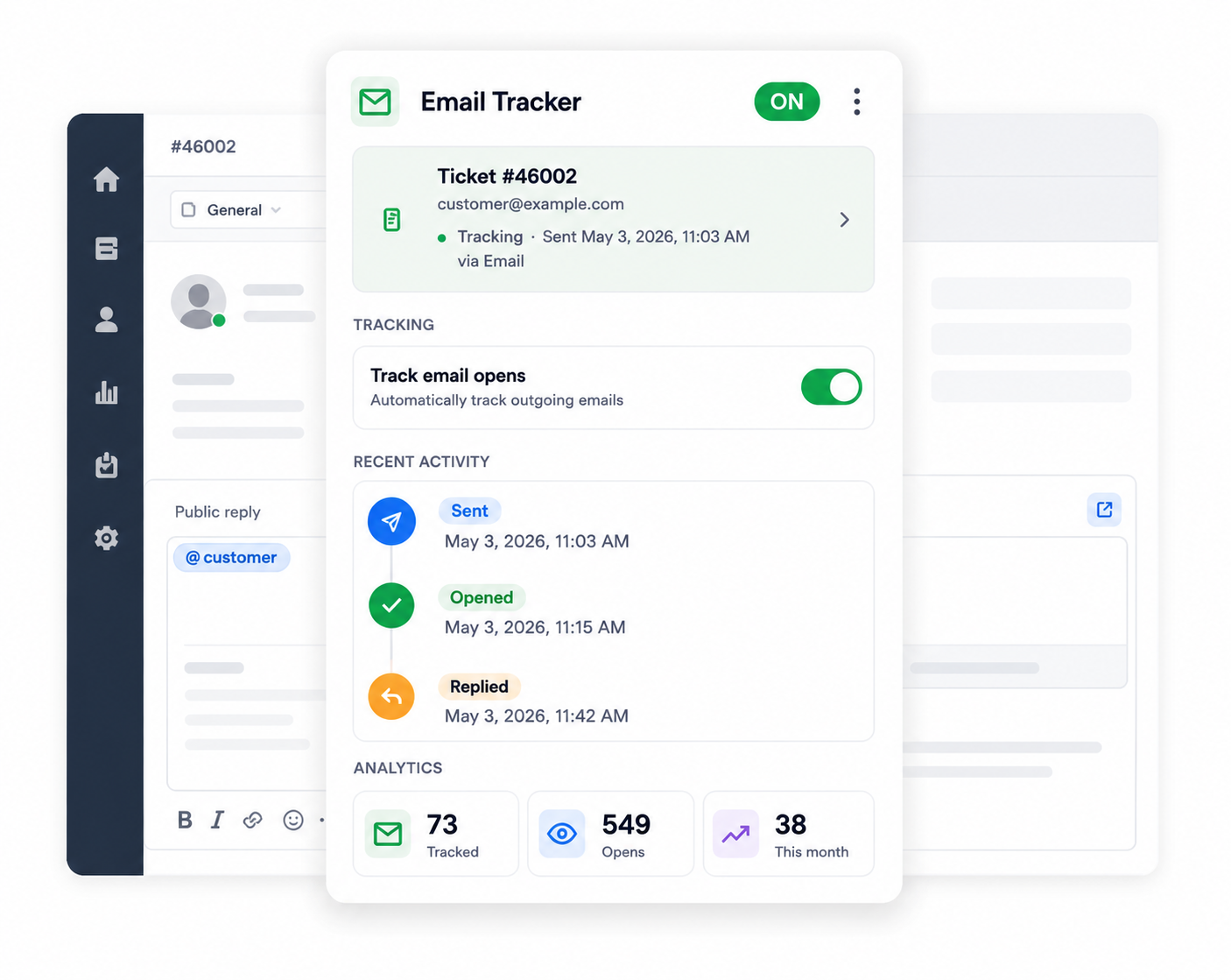 Email Tracker for Zendesk extension popup showing ticket status, tracking toggle, and open analytics